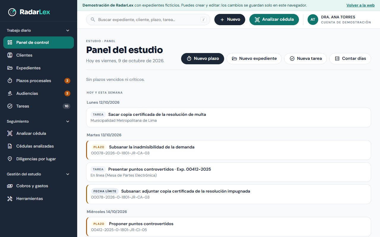 Panel del estudio de RadarLex con los plazos y tareas de la semana